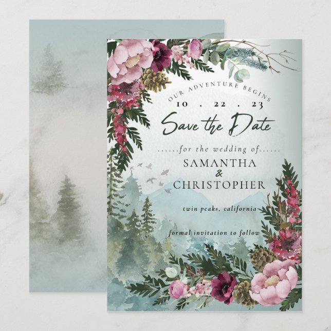 Pine Mountain Forest Burgundy Dusty Rose Save The Date (Front/Back)