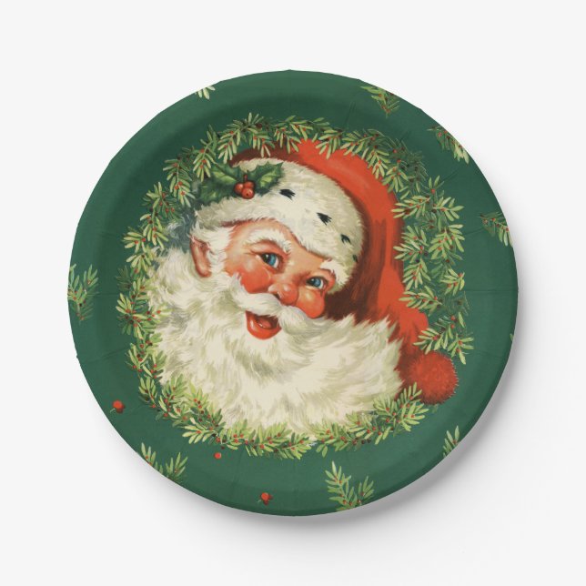 Pine Needle and Santa Christmas Paper Plate (Front)
