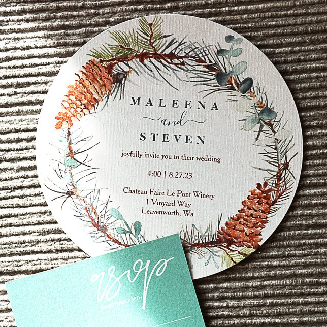 Pine Needle Eucalyptus Pinecone Wreath Wedding Invitation (Pine Needle Wreath with Pinecones and Eucalyptus, Winter Wedding Invitations)