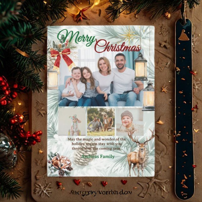 Pine Needle Family 4 Photo Collage Merry Christmas Holiday Card (Creator Uploaded)