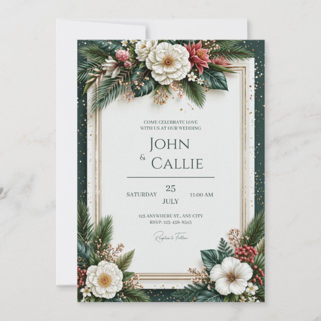 Pine Needle Gilded Tropical Greenery Wedding Invitation (Front)