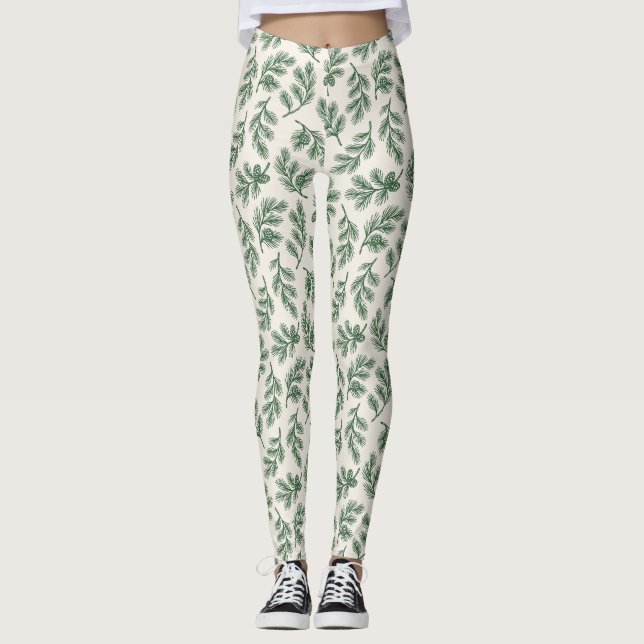 Pine Needle Lane - Green Botanical Branch Patternl Leggings (Front)