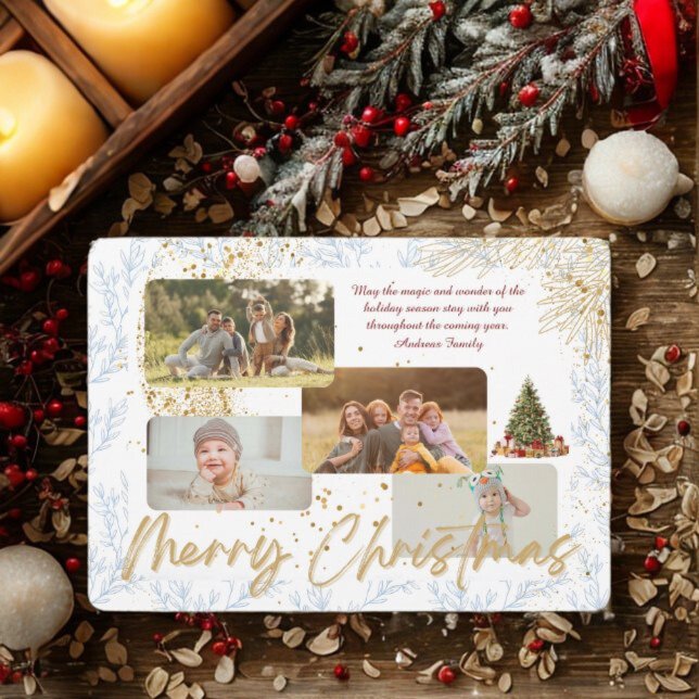 Pine Needle Merry Christmas Modern 4 Photo Collage Holiday Card (Creator Uploaded)
