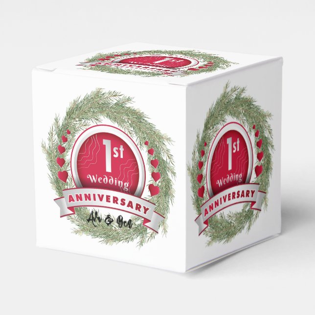 Pine Needle Wreath Red 1st Wedding Anniversary  Favour Box (Front Side)
