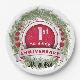 Pine Needle Wreath Red 1st Wedding Anniversary Paper Plate