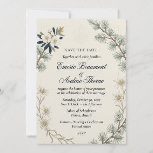 Pine Needles, Edelweiss, White Blossoms, Embossed  Invitation