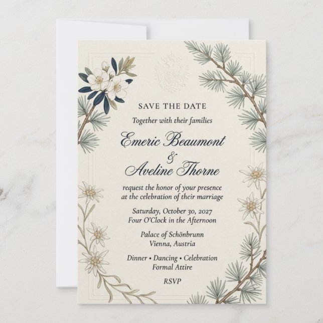 Pine Needles, Edelweiss, White Blossoms, Embossed  Invitation (Front)
