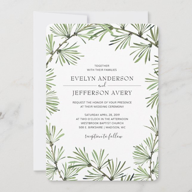 Pine Needles Modern Winter Wedding Invitation (Front)