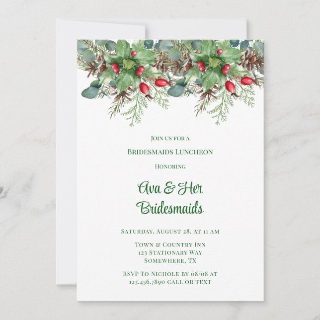 Pine Needles Red Berry Bridesmaids Luncheon Invitation (Front)