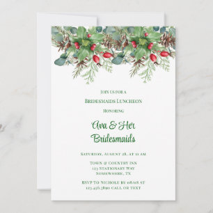 Pine Needles Red Berry Bridesmaids Luncheon Invitation