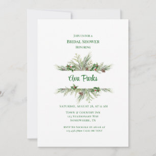 Pine Needles Red Berry Christmas Bridal Shower Invitation