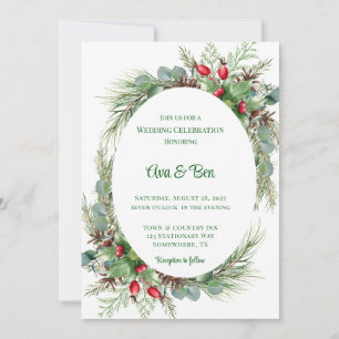 Pine Needles Red Berry Christmas Wedding Invitation