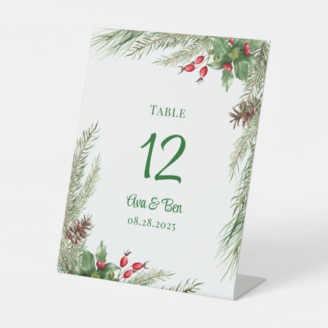 Pine needles red berry wreath table numbers pedestal sign (Front)