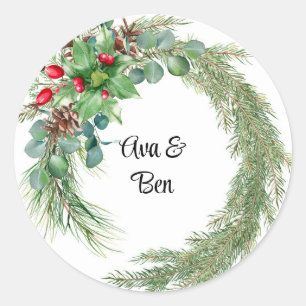 Pine needles red berry wreath wedding classic round sticker