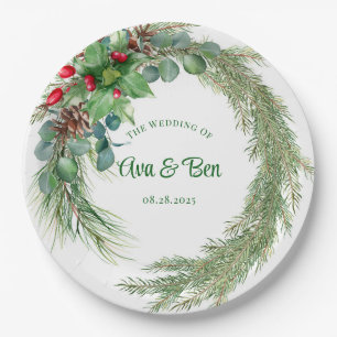 Pine needles red berry wreath wedding paper plate