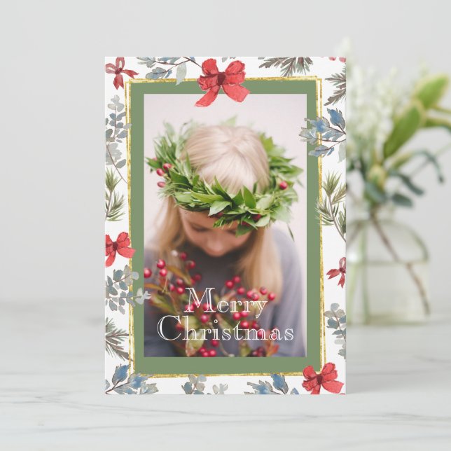 Pine Photo Gold Frame Merry Christmas Holiday Card (Standing Front)