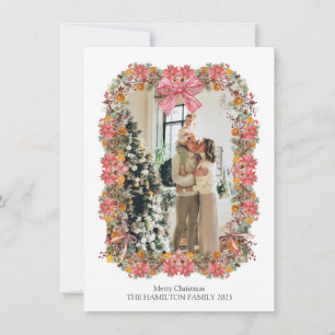 Pine Poinsettia Orange Holiday Garland Photo Card