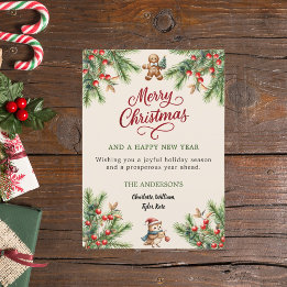 Pine red berries beige cute owl script Christmas Holiday Card