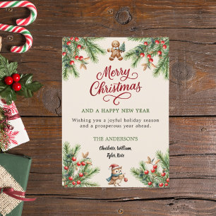 Pine red berries beige cute owl script Christmas Holiday Card