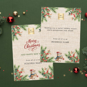 Pine red berries burlap owl business Christmas Holiday Card