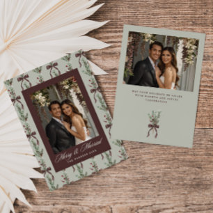 Pine Sprig Bow Pattern Newlyweds 2 Photo Holiday Card
