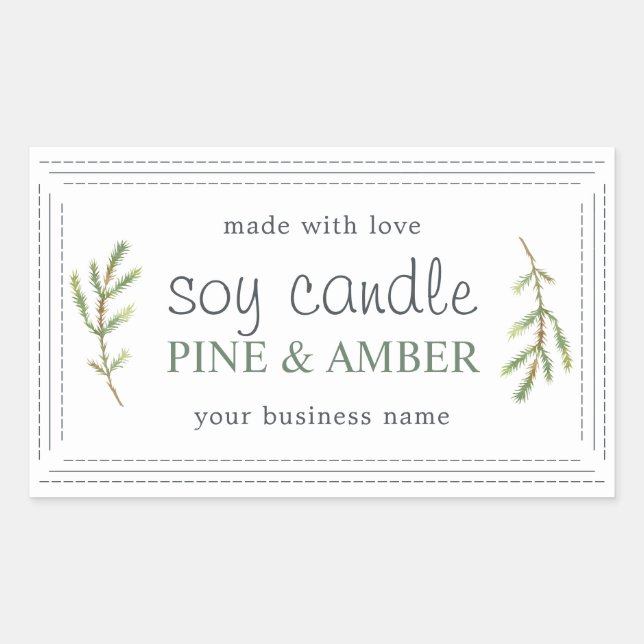 Pine Sprig Handmade Soy Candle White Minimalist Rectangular Sticker (Front)