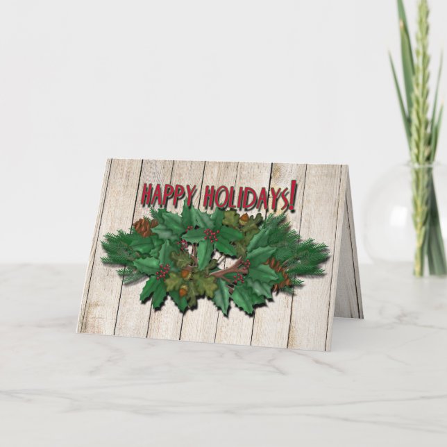 Pine Swag Wood Background Christmas Card (Front)