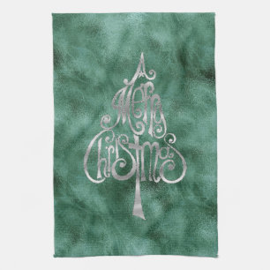 Pine Teal Green Silver Christmas Tree Tea Towel