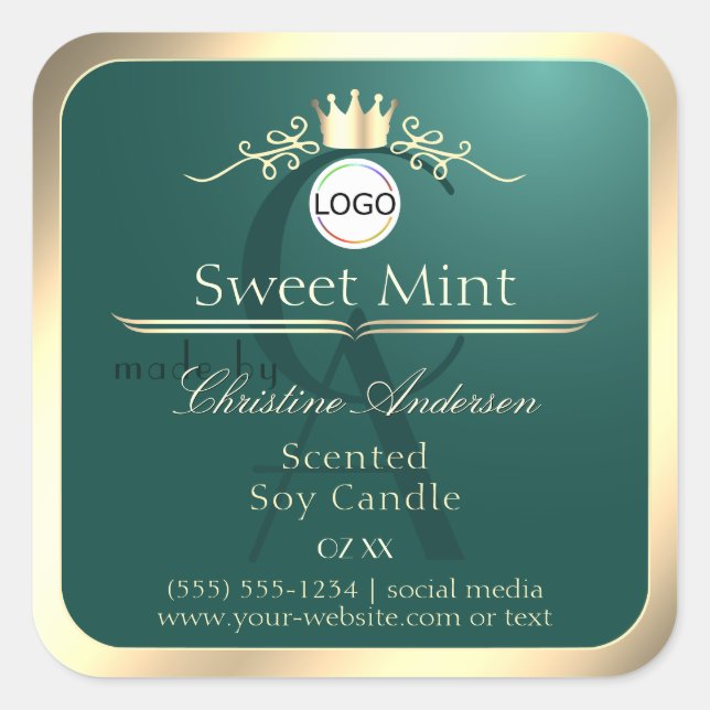 Pine Teal Product Label Gold Frame Logo Monogram (Front)