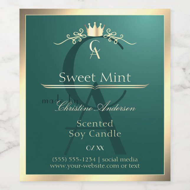Pine Teal Product Label with Gold Frame Monogram (Single Label)