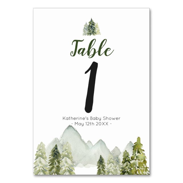 Pine Tree Adventure Rustic Baby Shower  Table Number (Front)