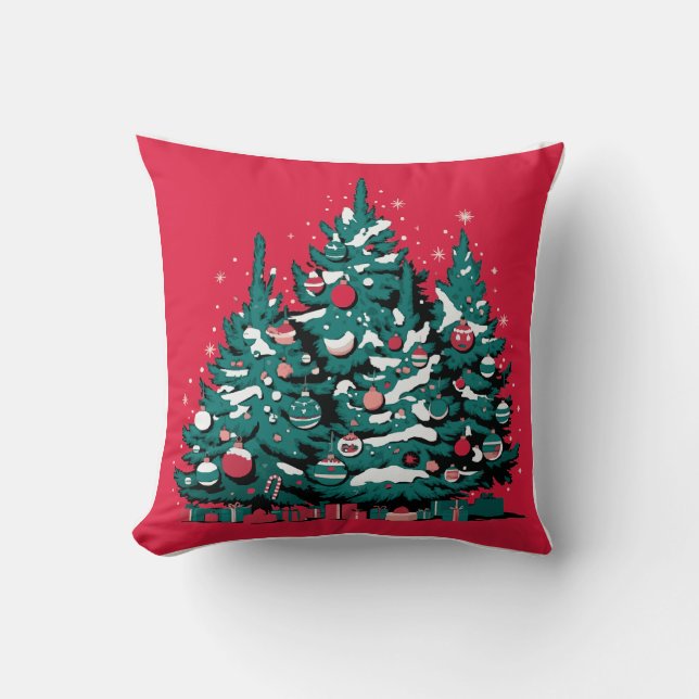 Pine tree and christmas ornaments red background cushion (Front)