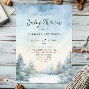 Pine-Tree Baby Shower Watercolor Winter Invitation