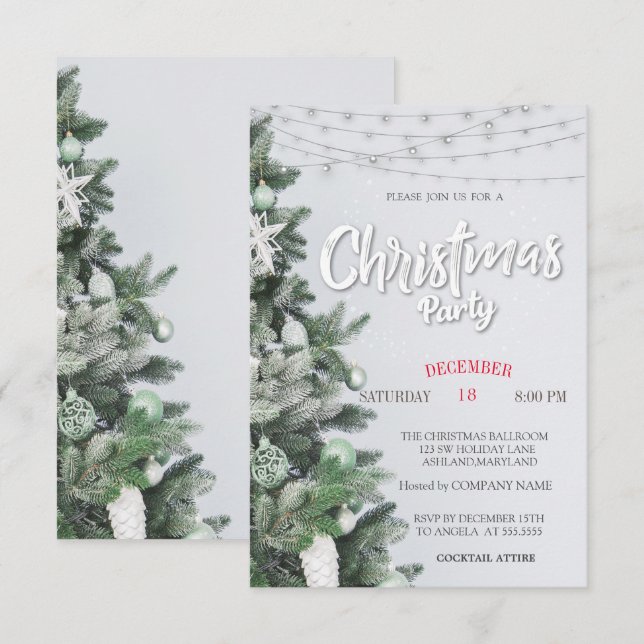 Pine Tree,Balls, Lights Christmas Party Invitation (Front/Back)
