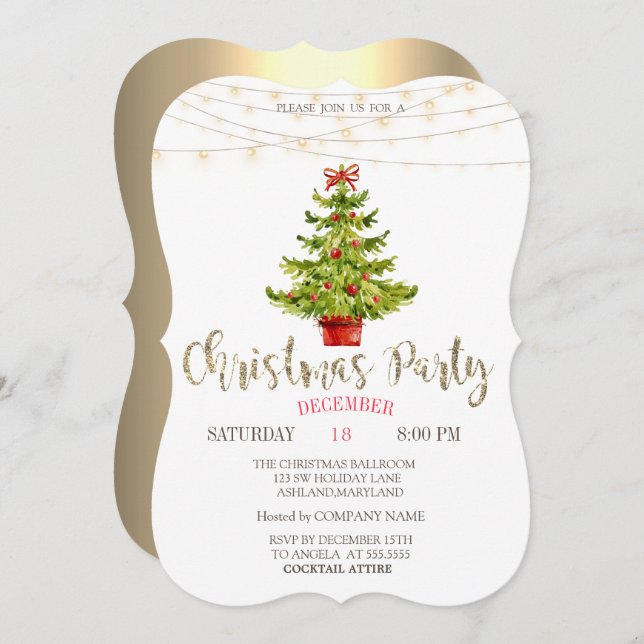 Pine Tree,Balls, Lights Gold Christmas Party Invitation (Front/Back)