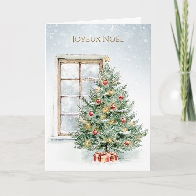 Pine Tree Baubles Presents French Christmas Holiday Card (Front)