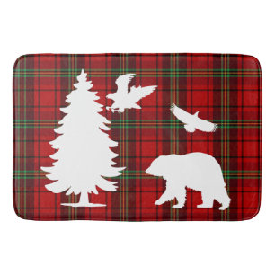 Pine tree Bear Eagle on Red Black Tartan Bath Mat