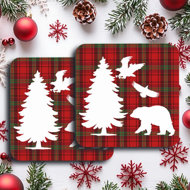 Pine tree Bear Eagle on Red Black Tartan Coaster (Creator Uploaded)