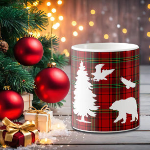 Pine tree Bear Eagle on Red Black Tartan Coffee Mug
