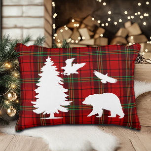 Pine tree Bear Eagle on Red Black Tartan Decorative Cushion