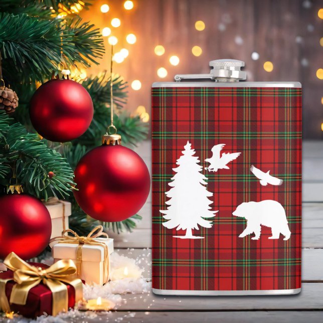Pine tree Bear Eagle on Red Black Tartan Hip Flask (Creator Uploaded)