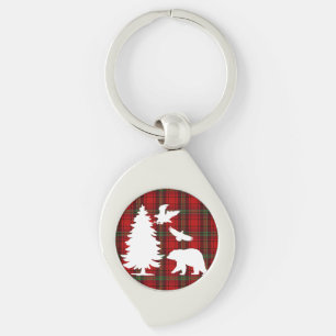 Pine tree Bear Eagle on Red Black Tartan Key Ring