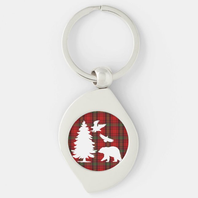 Pine tree Bear Eagle on Red Black Tartan Key Ring (Front)