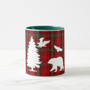 Pine tree Bear Eagle on Red Black Tartan Mug