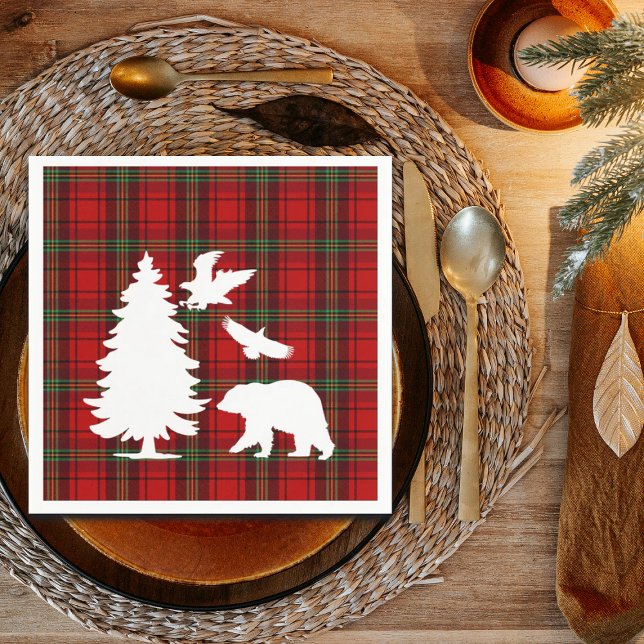 Pine tree Bear Eagle on Red Black Tartan Napkin (Creator Uploaded)