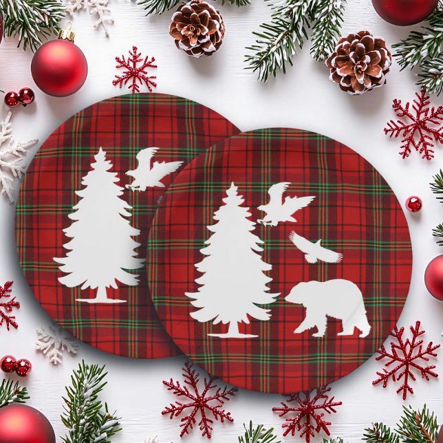 Pine tree Bear Eagle on Red Black Tartan Paper Plate (Creator Uploaded)