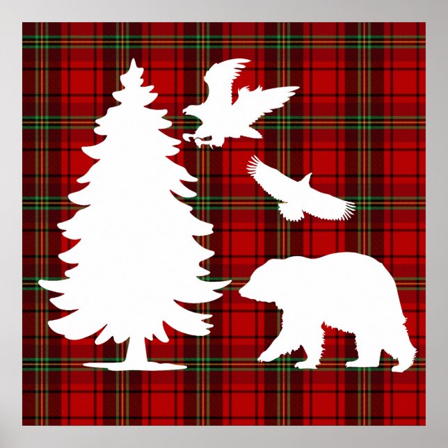Pine tree Bear Eagle on Red Black Tartan Poster (Front)