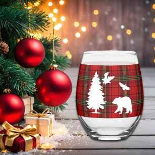 Pine tree Bear Eagle on Red Black Tartan Stemless Wine Glass