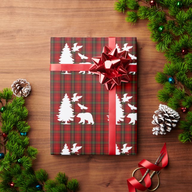 Pine tree Bear Eagle on Red Black Tartan Wrapping Paper (Holiday Gift)