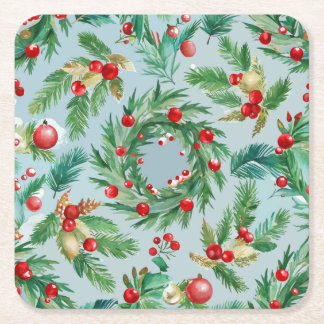 Pine Tree Berry Swirls Square Paper Coaster